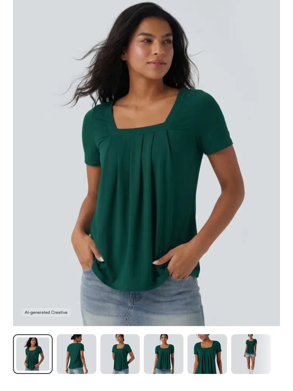 HALARA Emerald Green Square-Neck Pleated Short Sleeve Top